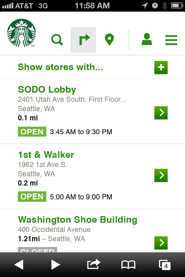 This 2012 representation of the Starbucks Store Locator is a design layout for small format display. The picture is a screenshot of the interface on a phone; top tab navigation to search is open and takes up the entire  screen containing a search input, store feature expandable menu, and a list of links displaying store details like location name, address, open status and store hours.