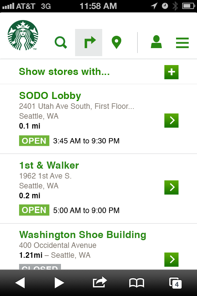 This 2012 representation of the Starbucks Store Locator is a design layout for small format display. The picture is a screenshot of the interface on a phone; top tab navigation to search is open and takes up the entire screen containing a search input, store feature expandable menu, and a list of links displaying store details like location name, address, open status and store hours.