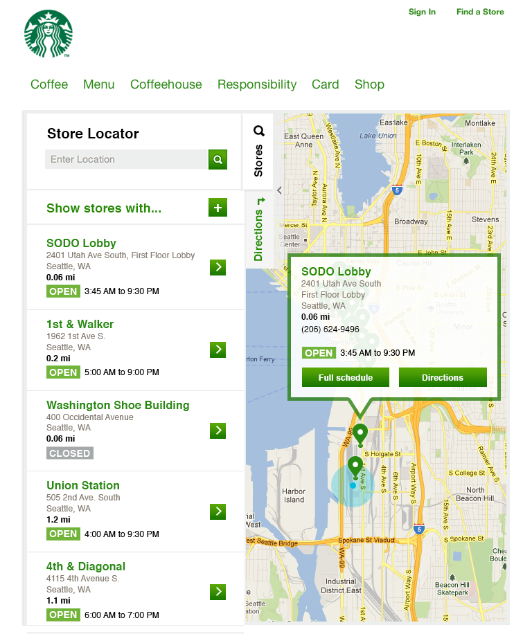 This 2012 representation of the Starbucks Store Locator is a design layout for medium format display. The picture is a screenshot of the interface on a tablet; top left tab navigation to search is open and takes up the left half of the screen containing a search input, store feature expandable menu, and a list of links displaying store details like location name, address, open status and store hours. Behind the navigation is a map with upsidedown teardrop pins at locations of interest.